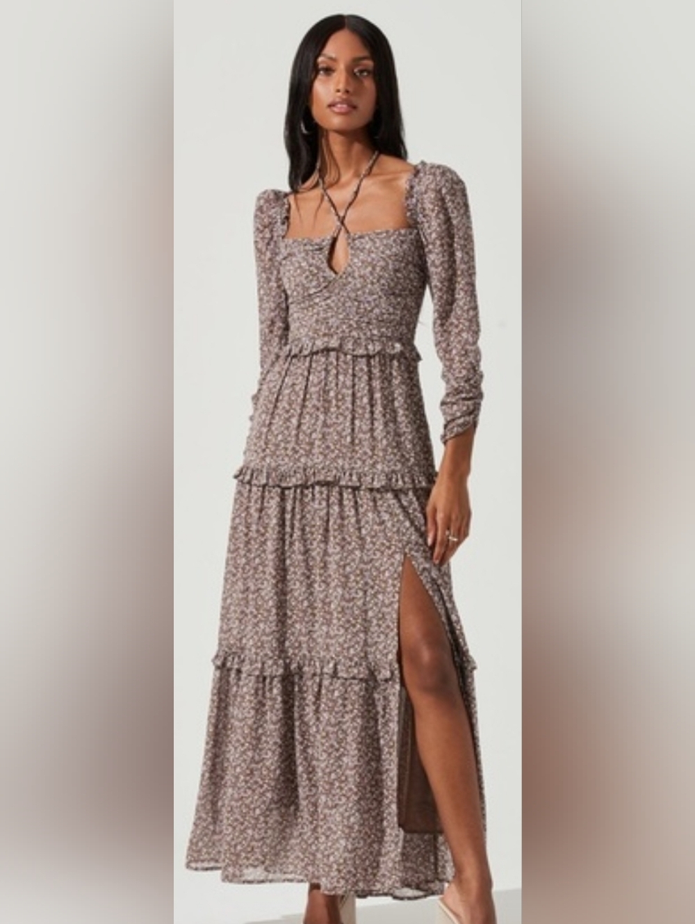 ASTR The Label Lovestruck Midi Dress Women's Size Small Floral Brown Long Sleeve